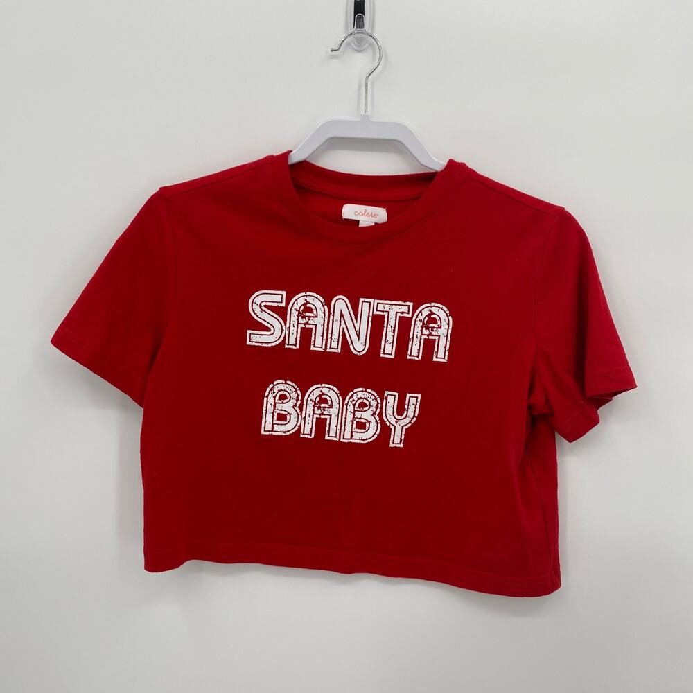 Colsie Santa Baby Christmas Crew Neck Short Sleeve Crop Tee Red Size Small